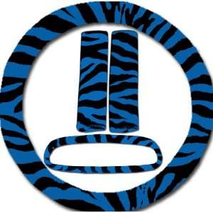Blue and black zebra steering wheel cover, seat belt covers and rear 