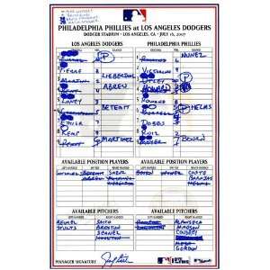  Phillies at Dodgers Game Used Lineup Card 7 16 2007 