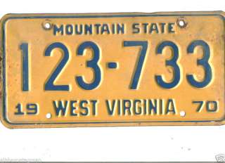 1970 WEST VIRGINIA~123 733~LICENSE PLATE~TAG  