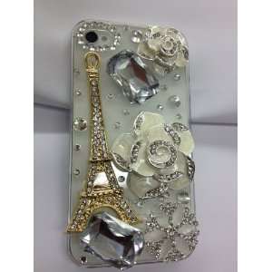  3D Rhinestone case with design of white rose and Paris 