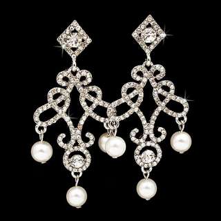 Bridal Wedding Crystal Rhinestone Pearl Chandelier Drop Earrings 