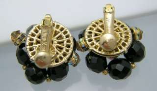 Vintage Signed Vendome Earrings Black Faceted Glass Brown AB Crystal 