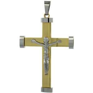 Stainless Steel 2 Tone (Gold & Gun Metal) Crucifix Cross Pendant 2 3/8 