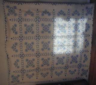 Antique Handmade Vintage BLUE & WHITE QUILT Patchwork With Cross 