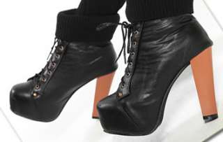 Western Womens Lace Up Square Toe High Heels Platform Knit Ankle Boots 