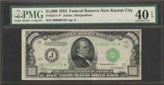Rare 1934 $1000 One Thousand Dollar Star Note Bill, KC District, PMG 