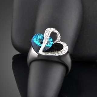   white GOLD GP Swarovski crystal heart with blue stone ring 1766  