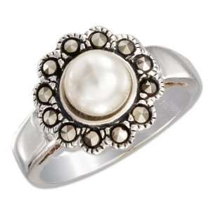   7mm Faux White Pear and Marcasite Flower Ring (size 08). Jewelry