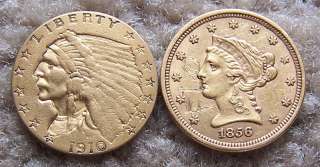 1856 and 1910 US $2.50 gold Quarter Eagle coins  