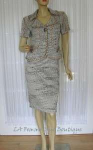 ST JOHN COUTURE $2590 Blk, Beige Tweed Knit Jewel Neck Short Sleeve 