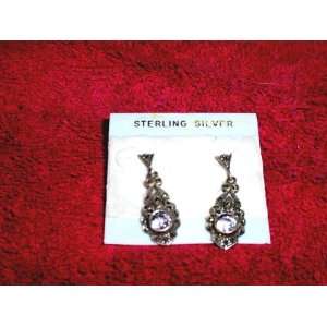   Sterling Silver Marcasite Earrings with Pink Stones 