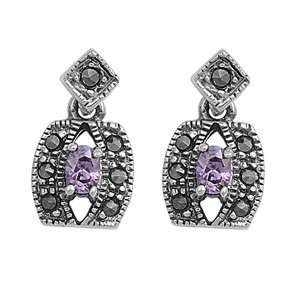    Marcasite Earrings with Lavender Oval   Prong Set   16 mm Jewelry