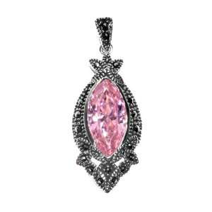   Silver & Pink CZ Marquise Cut Antique Marcasite Pendant Jewelry