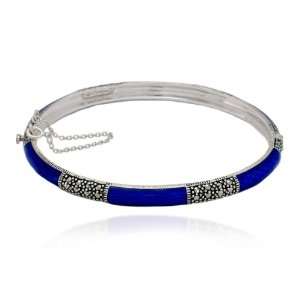   Silver Marcasite and Dark Blue Color Epoxy Hinged Bangle Bracelet, 8