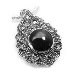    Sterling Silver Marcasite and Black ONYX Slide Pendant Jewelry