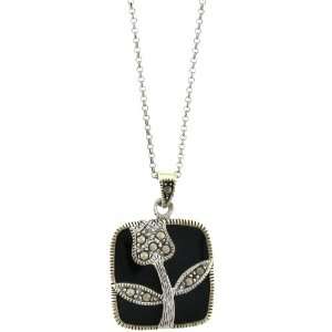   Sterling Silver Marcasite Black Onyx Flower Overlay Pendant Jewelry
