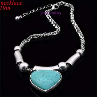 blue howlite turquoise heart inlay bead Tibet silver chain pendant 