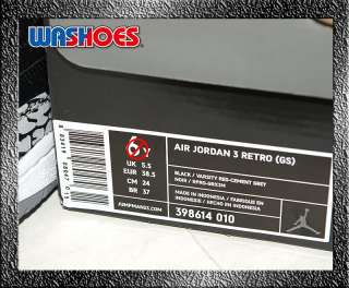 2011 Nike Air Jordan 3 Retro GS III Black Varsity Red Cement Grey Noir 