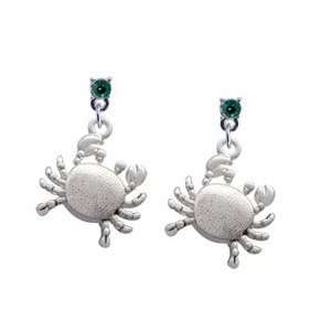  Antiqued Silver Crab Emerald Swarovski Post Charm Earrings 
