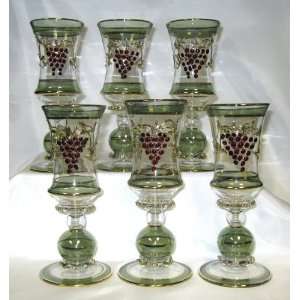 Blown Glass Wine Glasses   Green with Grapes   Set of 6 