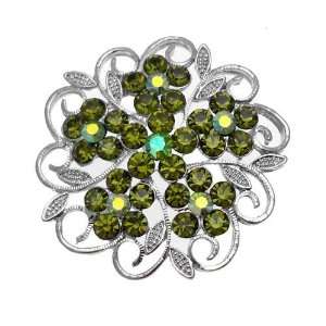  Acosta   Silver Tone Green Crystal Floral Corsage Brooch 
