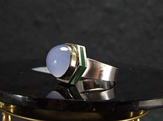 Blue Chalcedony. Chrysoprase Inlay Ring. 14K & Sterling. Size 8  