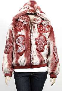 WOMENS PLUS SKULL PATCH HIP HOP RED FUR LEATHER BOMBER  