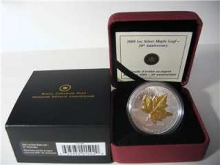 2008 $5 1oz 99.99% silver Maple Leaf 20th Anniv.   Gold Plated  