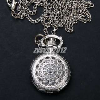 Silver Hollow Round Antique Pocket Watch Necklace Chain  