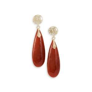   Solid 14k Yellow Gold Lucky Red Agate Dangle Earrings Jewelry
