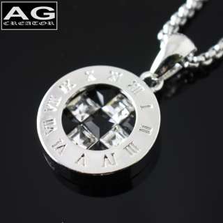 Round roman numeral cubic steel pendant necklace 18 chain  