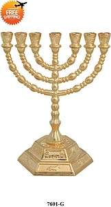 Beautiful MENORAH Design Gold 7 Candle Jerusalem NIB (7601 g)  