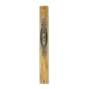    12cm Mezuzah with Hamsa Pewter Plate in Wood 