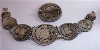 Antique Peruvian 900 Silver Coin Bracelet Pin Set 74.5g  