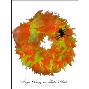   HALLOWEEN FEATHER WREATH WITH SPIDER & DECO MESH BOW