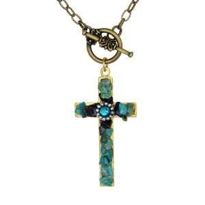 Handcrafted Blue/green on Pewter Cross with Blue Rhinestone Necklace