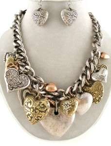   Gold Tone Decorative Hearts Statement Necklace and Earrings Set  