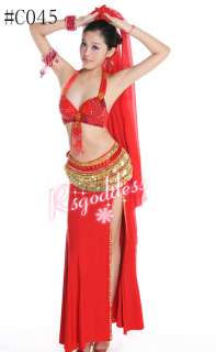 New Red belly dance costume 3 pics bra&belt&Skirt  