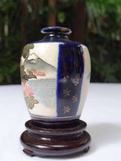   Japanese Satsuma Vase Cobalt Blue Gilt Wood Stand Japan c1920  