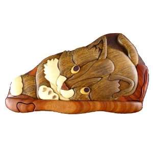 Wooden Puzzle Box, Kitty Cat, Hand Carved Wood Intarsia / Marquetry 