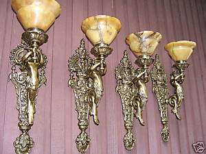 BIG LOT OF 14 BRONZE & ALABASTER WALL SCONCES with MERMAID SCULPTURES 
