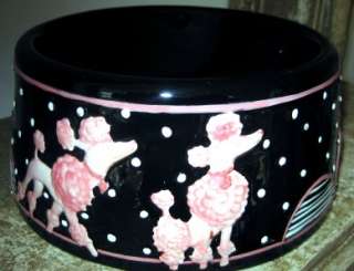 Pink Poodle Pet Dog Dish Black Porcelain Indoor NEW  