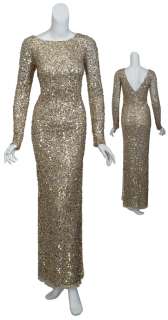 AIDAN MATTOX Glitzy Fully Sequined Gold Long Sleeve Evening Gown Dress 