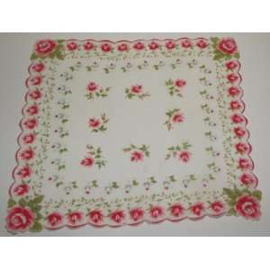 Vintage Ladies Handkerchief With Red And White Roses 