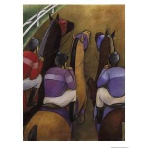  An Overhead Look at Three Horses Being Ridden by Jockeys 
