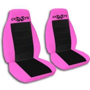  2 hot pink and black car seat covers, with a butterfly tattoo 