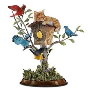 Wake Up Call Fun Cat & Bird Tree Figurine Unique Cat Lover Home Decor 