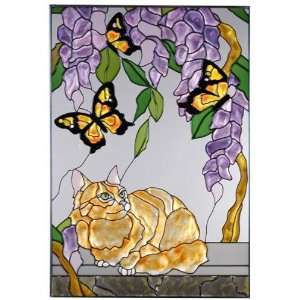  Orange Persian Cat & Monarch Butterfly Painted Art Glass 