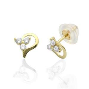   CZ Tiny Heart Yellow Gold Earring W/ Safety back For Kids & Teens
