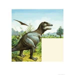  Unidentified Dinosaur Scene with T Rex and Pterodactyl Art 